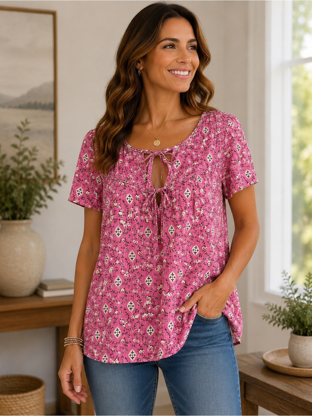 Lane Bryant Floral Tie Neck Peasant Blouse Pink Boho Cottagecore Size 16